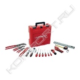 <br>Комплектация:<br>Телескопический труборез TUBE CUTTER 35, 6-35 мм;<br>Ножницы ROCUT TC 42;<br>Клещи сантехнические ROGRIP M7";<br>Клещи сантехнические ROGRIP M10";<br>Клещи сантехнические ROGRIP XL;<br>Ключ угловой 45 градусов;<br>Ключ Super S 1";<br>Ступенчатый ключ с трещоткой;<br>Разводной ключ 8";<br>Набор отверток EUROLINE (6 шт);<br>Линейка- уровень 430 мм;<br>Рулетка Romatic 5м. <br>