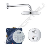 Термостатический смеситель для душа GROHE Grohtherm с переключателем на 2 положения, внешняя часть, круглая розетка, хром (24076000)<br><br> комплект верхней монтажной части для GROHE Rapido SmartBox 35600000 (универсальной встраиваемой части)<br> без встраиваемой части<br> GROHE TurboStat встроенный термоэлемент<br> GROHE StarLight хромированная поверхность<br> с настенными розетками GROHE QuickFix (скрытые эксцентрики, уплотнение, скрытый монтаж)<br> металлическая накладная панель, регулируемая на 6°<br> графическое изображение: верхний душ и ручной душ<br> GROHE SafeStop стопор безопасности при 38°C<br> GROHE SafeStop Plus опционно ограничитель температуры на 43°C / 46°C, включен<br> GROHE AquaDimmer, встроенный переключатель распределения расхода:<br> выход B = 27 л/мин<br> выход C = 30 л/мин<br> Страна производства: Германия<br><br>Универсальная встраиваемая часть GROHE Rapido SmartBox для вентилей, смесителей и термостатических смесителей Grohtherm SmartControl (35600000)<br><br> 3 трубкообразных отвода 1/2"<br> 2 подключения воды снизу, 1/2"<br> инсталляционная глубина 75-105 мм<br> подключения из латуни<br> предварительно смонтированная заглушка<br> прочный корпус и защитная накладка<br> подготовленные точки крепления для сухого и мокрого монтажа<br> уплотнение<br> без комплекта верхней монтажной части<br> Страна производства: Германия<br><br>Верхний душ GROHE Tempesta 210, расход 9.5 л/мин, хром (26410000)<br><br> Режим струи: Rain<br> Ø 210 мм<br> шаровой шарнир +/- 15° вращающийся<br> резьбовое соединение 1/2"<br> GROHE EcoJoy ограничитель расхода воды 9,5 л/мин<br> GROHE DreamSpray превосходный поток воды<br> GROHE StarLight хромированная поверхность<br> с системой SpeedClean против известковых отложений<br> Внутренний охлаждающий канал для продолжительного срока службы<br> может использоваться с проточным водонагревателем<br> минимальное давление 1,0 бар<br> Страна производства: Германия<br><br>Душевой кронштейн GROHE Rainshower neutral 286 мм, хром (28576000)<br><br> Металл<br> Резьбовое соединение 1/2″<br> Для любых верхних душей Rainshower, кроме Rainshower 400 мм<br> GROHE StarLight® хромированная поверхность<br> Страна производства: Китай