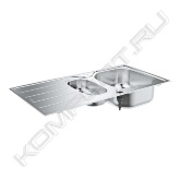 Особенности:<br>- модель: K200 60-S 96.5/50 1.5 оборачиваемая<br>- тип монтажа: стандартная встраиваемая<br>- материал: нержавеющая сталь AISI 304 (V2A)<br>- GROHE StarLight хромированная поверхность<br>- GROHE Whisper<br>- минимальный размер шкафа: 600 мм<br>- размер: 965 x 500 мм<br>- 1 чаша: 346 x 396 x 165 мм<br>- получаша: 180 х 340 х 130 мм<br>- GROHE FastFixation быстрая монтажная система<br>- монтаж мойки слева или справа<br>- требуемый размер отверстия в столешнице для установки мойки: 941 x 476 мм<br>- отверстия: 2 x 35 мм<br>- аксессуары вкл.: клапан-автомат, сливной гарнитур, корзинчатый вентиль, монтажный набор