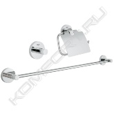 Включает в себя:<br> Держатель для банного полотенца GROHE Essentials (40366001):<br> - материал: металл<br> - 654 мм (функциональная длина 600 мм)<br> - скрытое крепление<br> - GROHE StarLight хромированная поверхность<br><br> Крючок для банного халата GROHE Essentials (40364001):<br> - материал: металл<br> - скрытое крепление<br> - GROHE StarLight хромированная поверхность<br><br> Держатель для туалетной бумаги GROHE Essentials с крышкой (40367001):<br> - материал: металл<br> - с крышкой<br> - скрытое крепление<br> - GROHE StarLight хромированная поверхность