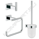 Включает в себя:<br> Крючок для банного халата GROHE Essentials Cube (40511001):<br> - материал: металл<br> - скрытое крепление<br> - GROHE StarLight хромированная поверхность<br><br> Держатель для туалетной бумаги GROHE Essentials Cube без крышки (40507001):<br> - материал: металл<br> - без крышки<br> - скрытое крепление<br> - GROHE StarLight хромированная поверхность<br><br> Туалетный ёршик GROHE Essentials Cube в комплекте, хром (40513001):<br> - материал: стекло / металл<br> - настенный монтаж<br> - скрытое крепление<br> - GROHE StarLight хромированная поверхность