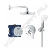 Включает в себя:<br><br>Смеситель для ванны GROHE Eurosmart Cosmopolitan, внешняя часть, хром (24045000)<br>-комплект верхней монтажной части для GROHE Rapido SmartBox 35600000<br>-GROHE SilkMove керамический картридж Ø 46 мм<br>-GROHE StarLight хромированная поверхность<br>-с настенными розетками GROHE QuickFix (скрытые эксцентрики, уплотнение, скрытый монтаж)<br>-металлическая накладная панель, регулируемая на 6°<br>-металлический рычаг<br>-автоматический переключатель на 2 положения<br>-распределение расхода: выход B = 27 л/мин, выход C = 27 л/мин<br>-без встроенного механизма<br>Страна производства: Германия<br><br>Универсальная встраиваемая часть GROHE Rapido SmartBox для вентилей, смесителей и термостатических смесителей Grohtherm SmartControl (35600000)<br>-3 трубкообразных отвода 1/2"<br>-2 подключения воды снизу, 1/2"<br>-инсталляционная глубина 75-105 мм<br>-подключения из латуни<br>-предварительно смонтированная заглушка<br>-прочный корпус и защитная накладка<br>-подготовленные точки крепления для сухого и мокрого монтажа<br>уплотнение<br>-без комплекта верхней монтажной части<br>Страна производства: Германия<br><br>Верхний душ GROHE Tempesta 210, расход 9.5 л/мин, хром (26410000)<br>-режим струи: Rain<br>-Ø 210 мм<br>-шаровой шарнир +/- 15° вращающийся<br>-резьбовое соединение 1/2"<br>-GROHE EcoJoy ограничитель расхода воды 9,5 л/мин<br>-GROHE DreamSpray превосходный поток воды<br>-GROHE StarLight хромированная поверхность<br>-с системой SpeedClean против известковых отложений<br>-внутренний охлаждающий канал для продолжительного срока службы<br>-может использоваться с проточным водонагревателем<br>-минимальное давление 1,0 бар<br>Страна производства: Германия<br><br>Душевой кронштейн GROHE Rainshower neutral 286 мм, хром (28576000)<br>-металл<br>-резьбовое соединение 1/2″<br>-для любых верхних душей Rainshower, кроме Rainshower 400 мм<br>-GROHE StarLight® хромированная поверхность<br>Страна производства: Китай<br><br>Ручной душ GROHE Tempesta Classic (2 режима), хром (27597000)<br>-2 вида струй: Rain, Jet<br>-GROHE DreamSpray превосходный поток воды<br>-GROHE StarLight хромированная поверхность<br>-с системой SpeedClean против известковых отложений<br>-внутренний охлаждающий канал для продолжительного срока службы<br>-ShockProof силиконовое кольцо, предотвращающее повреждение поверхности при падении ручного душа<br>-универсальное крепление, подходящее к любому стандартному шлангу<br>-может использоваться с проточным водонагревателем<br>-минимальное давление 1,0 бар<br>Страна производства: Германия<br><br>Подключение для душевого шланга GROHE Relexa с держателем, хром (28628000)<br>-с держателем ручного душа<br>-GROHE StarLight® хромированная поверхность<br>Страна производства: Германия<br><br>Душевой шланг GROHE Rotaflex 1500 мм, хром (28409000)<br>-пластик 1.500 мм<br>-1/2" x 1/2"<br>-поворотный конус для функции Twistfree<br>Страна производства: Германия