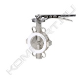 Особенности:<br>- Нержавеющая сталь AISI 316 + PTFE<br>- Затвор дисковый поворотный.<br>- Корпус из двух частей, нерж. сталь AISI, монтаж между фланцами ANSI ANSI 150 и DIN PN 10/16.<br>- Уплотнение из PTFE на базе EPDM<br>- Диск из нерж. стали AISI 316 (CF8M).<br>- Шток из нерж. ста ли AISI 316.<br>- Возможен монтаж привода по норме ISO 5211.<br>- Расстояние между фланцами согласно норме UNE 558-1 Serie 2 0 (DIN 3202 K1).<br>- Макс. рабочее давление 10 бар.<br>- Рабочая температура –25 °C + 180 °C<br>- Среда применения: отопление и водоснабжение.