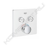 Для установки требуется универсальная встроеный механизм GROHE Rapido SmartBox (35 600 000)<br><br>Особенности:<br>- кнопочное управление: для открытия воды комфортной температуры достаточно просто нажать кнопку<br>- металлическая накладная панель с GROHE QuickFix (скрытые эксцентрики, уплотнение, скрытый монтаж), регулируемая на 6°<br>- GROHE StarLight хромированная поверхность<br>- SmartControl нажать для вкл/выкл, повернуть для увеличения напора воды от рижима EcoJoy до макссимального напора воды<br>- GROHE TurboStat встроенный термоэлемент<br>- стопор безопасности при 38°C<br>- GROHE SafeStop Plus (дополнительная опция)<br>- дополнительный ограничитиель температры при 43° C<br>- встроенные обратные клапаны и грязеулавливающие фильтры<br>- возможность одновременного включения нескольких точек водоотвода<br>- лицевая панель в цвете белая луна<br>- без встроенного механизма<br>- распределение расхода: выход B = 24 л/мин; выход C = 26 л/мин