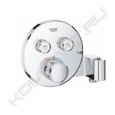 Для установки требуется универсальный встроенный механизм GROHE Rapido SmartBox (35600000)<br><br>Особенности:<br>- металлическая накладная панель с GROHE QuickFix (скрытые эксцентрики, уплотнение, скрытый монтаж), регулируемая на 6°<br>- GROHE StarLight хромированная поверхность<br>- SmartControl нажать для вкл/выкл, повернуть для увеличения напора воды от режима EcoJoy до максимального напора воды<br>- GROHE TurboStat встроенный термоэлемент<br>- ProGrip эргономичные рукоятки с рифленой поверхностью<br>- GROHE SafeStop стопор безопасности при 38°C<br>- GROHE SafeStop Plus опционно ограничитель температуры на 43°C / 46°C, включен<br>- встроенные обратные клапаны и грязеулавливающие фильтры<br>- возможность одновременного включения нескольких точек водоотвода<br>- встроенный держатель для ручного душа и подключение для душевого шланга ½"<br>- без встраиваемой части<br>- распределение расхода: выход B = 24 л/мин; ручной душ = 12 л/мин; выход B + ручной душ = 27 л/мин