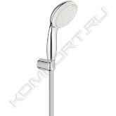 Описание комплектации: Хром<br><br>Душевой гарнитур Grohe Tempesta New 27799001.<br><br>Превосходно сочетается в интерьере современного стиля благодаря изящной лаконичной конструкции и функциональности.<br><br>Характеристики:<br><br> Хромированное покрытие Grohe StarLight гарантирует длительную износостойкость без царапин с сияющей чистотой.<br> Технология Grohe DreamSpray равномерно распределяет поток воды через все форсунки при любом режиме струи.<br> Система термоизоляции водных протоков внутри ручного душа предотвращает нагревание его поверхности.<br> Душевой гарнитур Grohe Tempesta New 27799001 Хром Форсунки оснащены системой SpeedClean с легкой очисткой от известковых отложений.<br> Ручной душ на два вида струи с силиконовым кольцом ShockProof, предотвращающим повреждение поверхности при падении ручного душа.<br> Фиксированный настенный держатель ручного душа.<br> Душевой шланг длиной 125 см.<br> Подходит для проточных водонагревателей.<br> Стандарт подключения: G 1/2.<br><br>В комплекте поставки: душевой гарнитур.