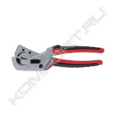 <span style="font-weight:bold;">Характеристики:</span><br>• Для резания пластиковых труб (типа РЕ, РВ, PEX, MDP, PDVF), Ø до 25 мм.<br>• V-образное лезвие позволяет делать быстрые и прямые срезы и предотвращает дробление материала.<br>• Сменные лезвия из нержавеющей стали.<br>• Прочная конструкция - металлическая коронка от головки до рукояток для максимально долговечной службы.<br>• Канавки на головке позволяют зачищать муфты.<br>• Устойчивая к коррозии головка.<br>• Блокировка одной рукой. Инструмент остается в пакете под нагрузкой пружины, но при этом легко открывается.<br>• Эргономичная и долговечная обрезиненная рукоятка для большего комфорта и срока службы.